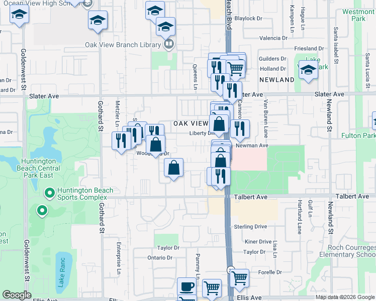 map of restaurants, bars, coffee shops, grocery stores, and more near 7761 Newman Avenue in Huntington Beach