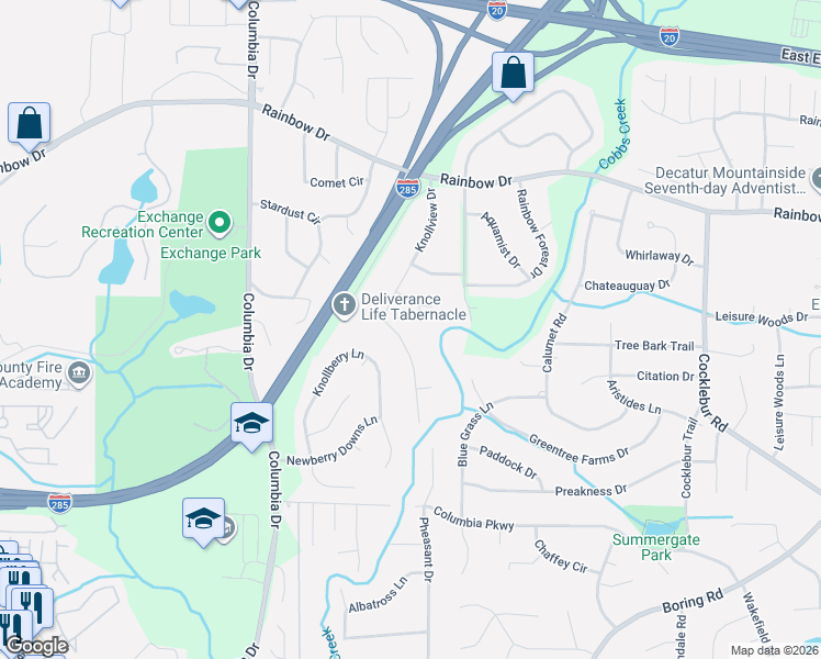 map of restaurants, bars, coffee shops, grocery stores, and more near 3529 Knollview Court in Decatur