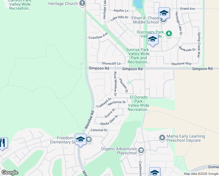map of restaurants, bars, coffee shops, grocery stores, and more near 28679 Wedelia Street in Menifee