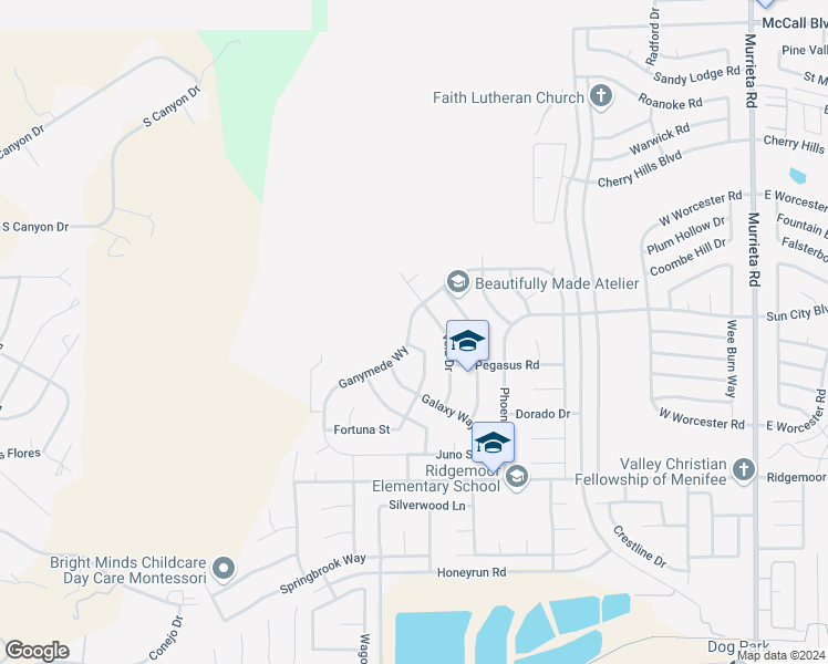 map of restaurants, bars, coffee shops, grocery stores, and more near 24755 Ganymede Way in Menifee
