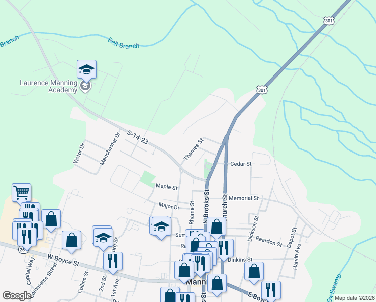 map of restaurants, bars, coffee shops, grocery stores, and more near 415 Thames Street in Manning