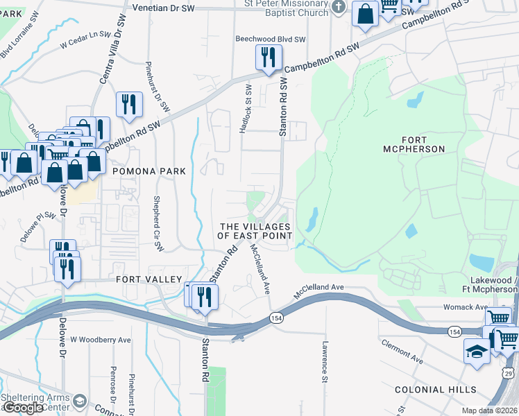 map of restaurants, bars, coffee shops, grocery stores, and more near 8918 Valley Drive in East Point