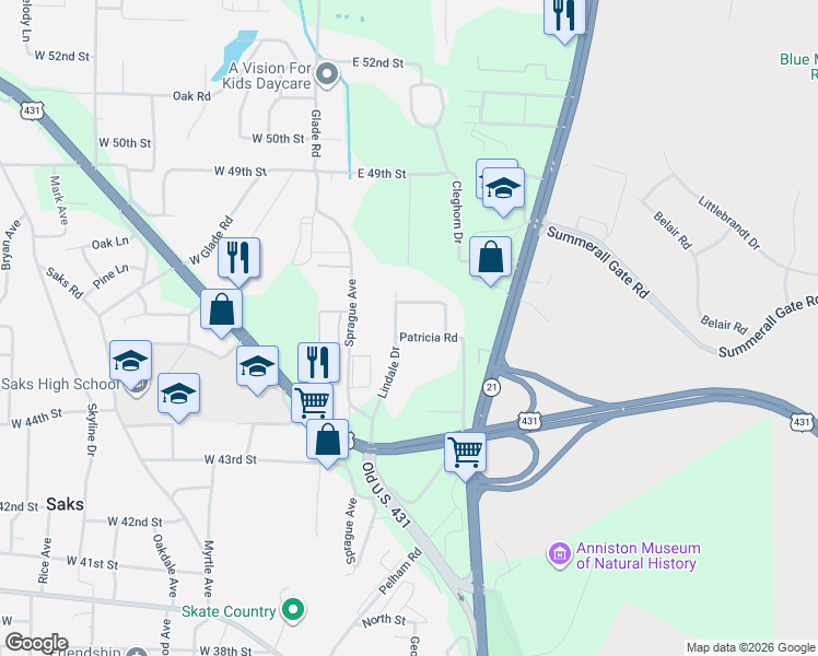 map of restaurants, bars, coffee shops, grocery stores, and more near 210 Brenda Road in Anniston