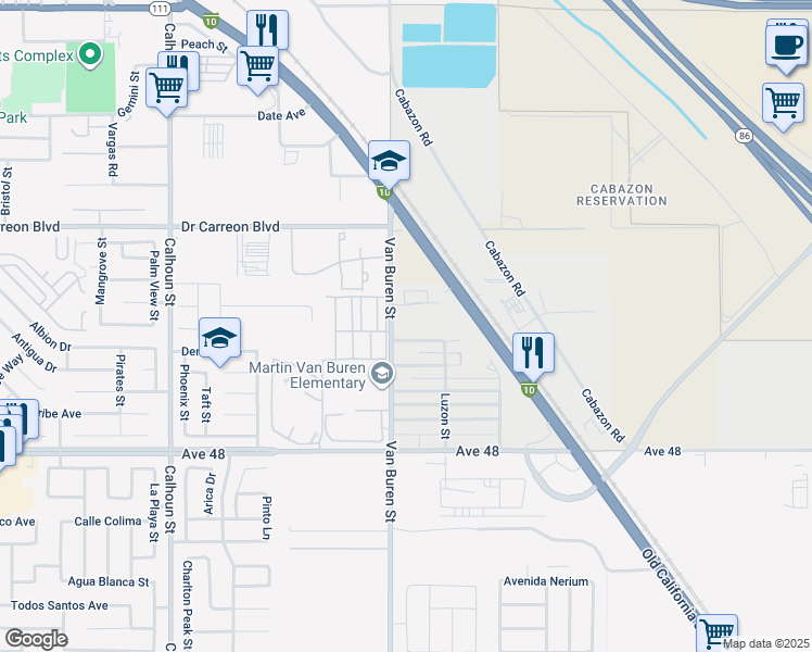 map of restaurants, bars, coffee shops, grocery stores, and more near 47470 Van Buren Street in Indio