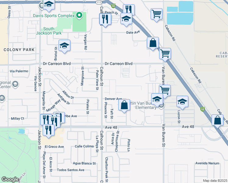map of restaurants, bars, coffee shops, grocery stores, and more near 47267 Bluejay Street in Indio