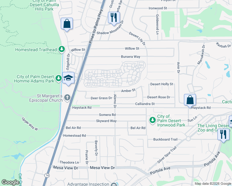 map of restaurants, bars, coffee shops, grocery stores, and more near 73010 Amber Street in Palm Desert