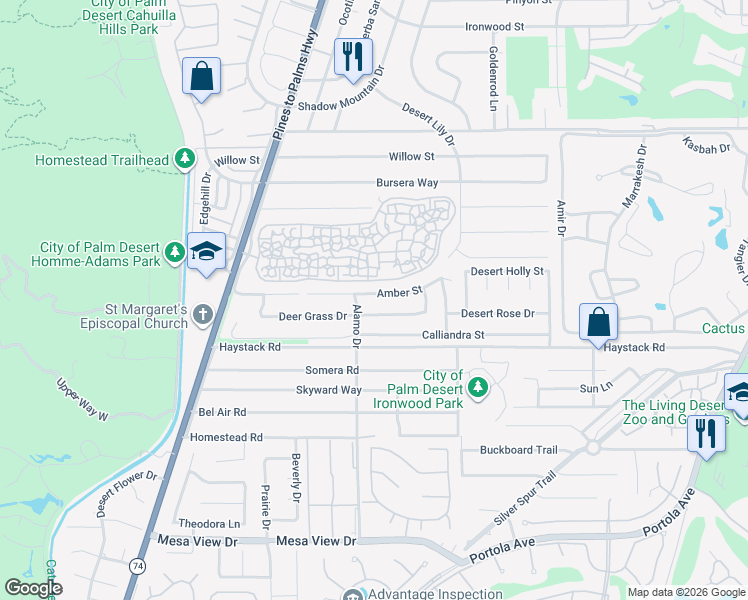map of restaurants, bars, coffee shops, grocery stores, and more near 73010 Amber Street in Palm Desert
