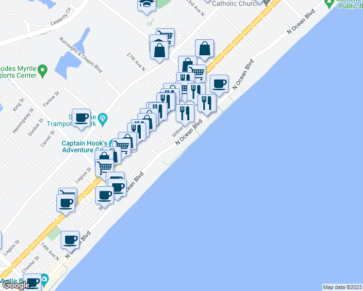 map of restaurants, bars, coffee shops, grocery stores, and more near 2507 North Ocean Boulevard in Myrtle Beach