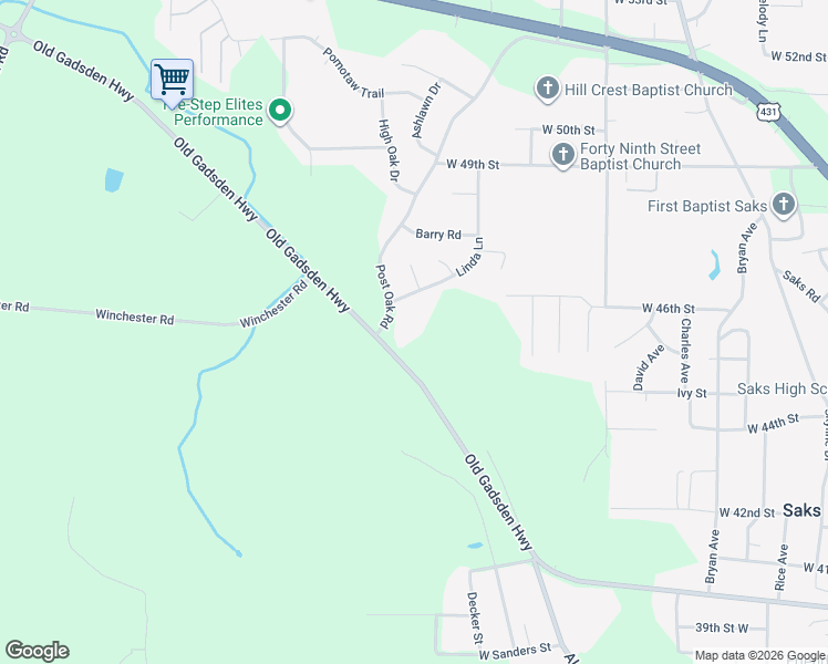 map of restaurants, bars, coffee shops, grocery stores, and more near 4411 Post Oak Road in Anniston