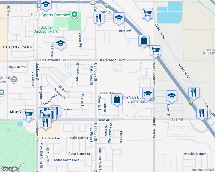 map of restaurants, bars, coffee shops, grocery stores, and more near 47267 Bluejay Street in Indio
