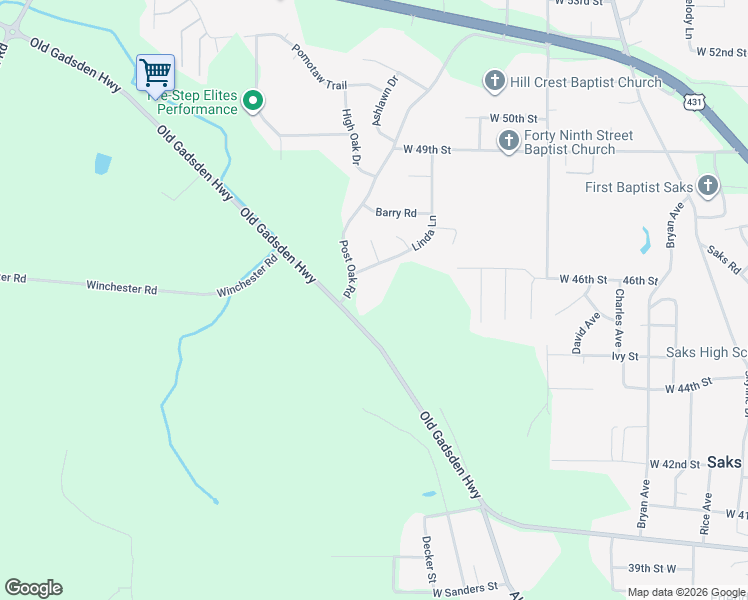map of restaurants, bars, coffee shops, grocery stores, and more near 4411 Post Oak Road in Anniston