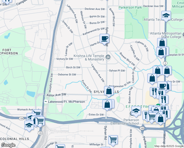 map of restaurants, bars, coffee shops, grocery stores, and more near 1848 Sylvan Ridge Drive Southwest in Atlanta