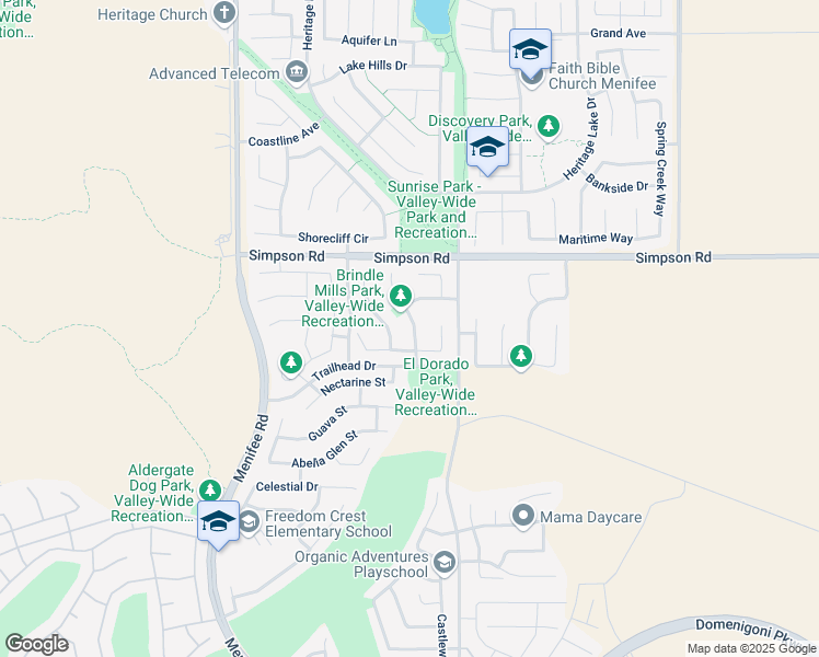 map of restaurants, bars, coffee shops, grocery stores, and more near 28681 Rustic Glen Street in Menifee