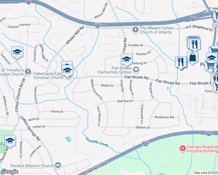 map of restaurants, bars, coffee shops, grocery stores, and more near 2490 Shiloh Drive in Decatur