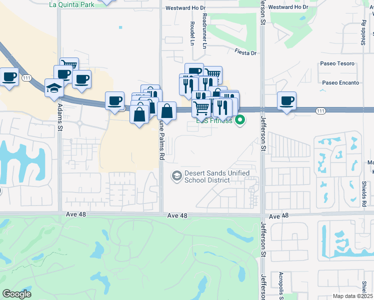 map of restaurants, bars, coffee shops, grocery stores, and more near 79625 Vista Coralina Lane in La Quinta