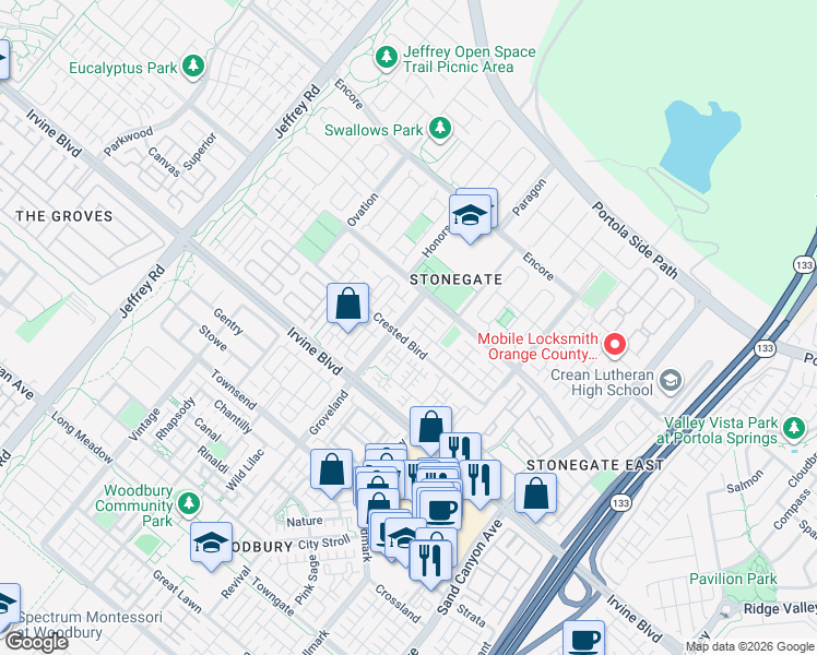 map of restaurants, bars, coffee shops, grocery stores, and more near 220 Kempton in Irvine