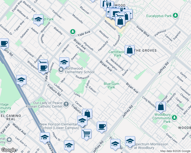 map of restaurants, bars, coffee shops, grocery stores, and more near 29 Hunter in Irvine