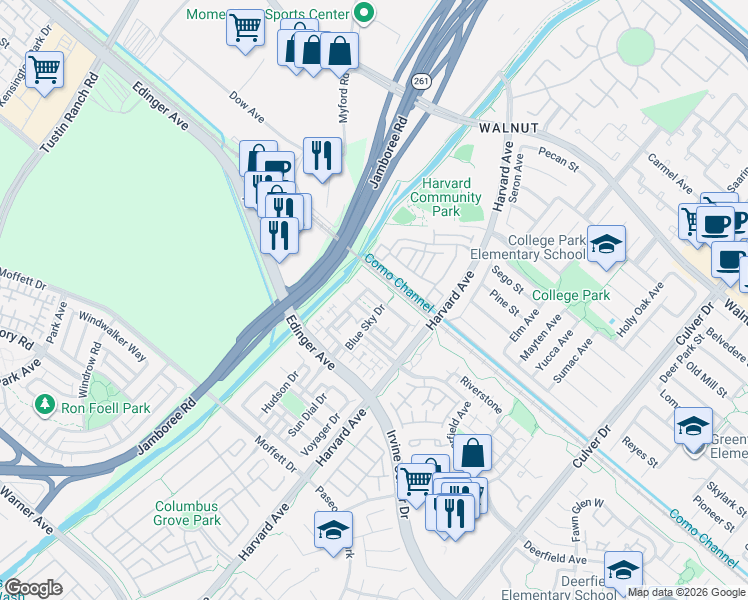 map of restaurants, bars, coffee shops, grocery stores, and more near 99 Liberty Street in Tustin