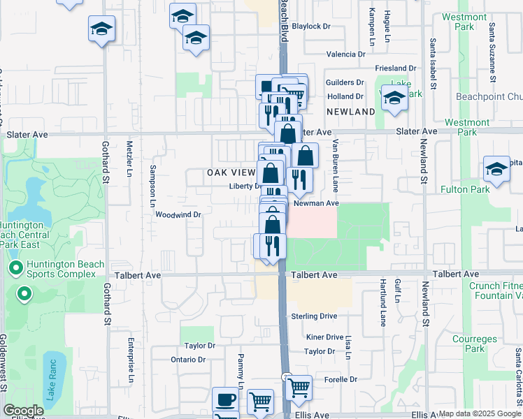 map of restaurants, bars, coffee shops, grocery stores, and more near 17721 Beach Boulevard in Huntington Beach