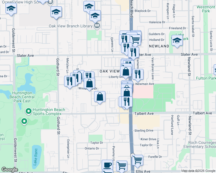 map of restaurants, bars, coffee shops, grocery stores, and more near 7761 Newman Avenue in Huntington Beach