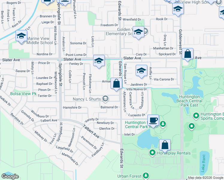 map of restaurants, bars, coffee shops, grocery stores, and more near 17711 McKinney Circle in Huntington Beach