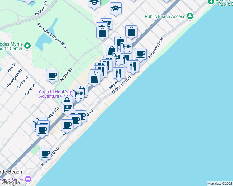 map of restaurants, bars, coffee shops, grocery stores, and more near 2507 North Ocean Boulevard in Myrtle Beach