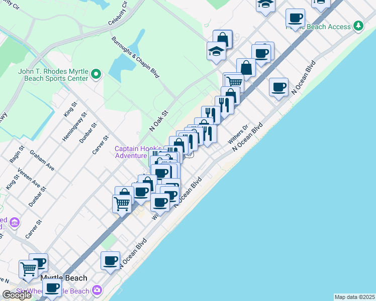 map of restaurants, bars, coffee shops, grocery stores, and more near 2365-2399 North Kings Highway in Myrtle Beach