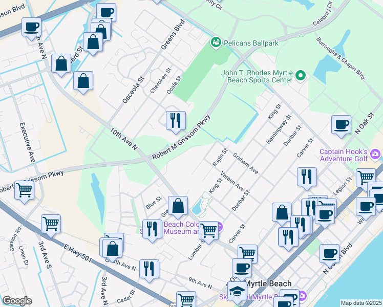 map of restaurants, bars, coffee shops, grocery stores, and more near 1203 Washington Street in Myrtle Beach