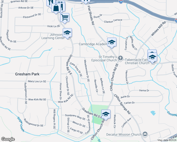 map of restaurants, bars, coffee shops, grocery stores, and more near 2108 Meadowview Lane Southeast in Atlanta