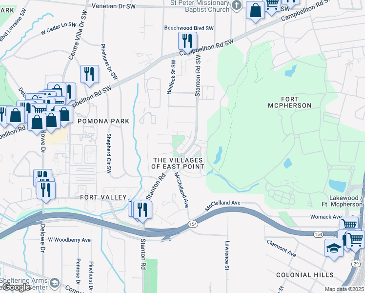 map of restaurants, bars, coffee shops, grocery stores, and more near 8918 Valley Drive in East Point