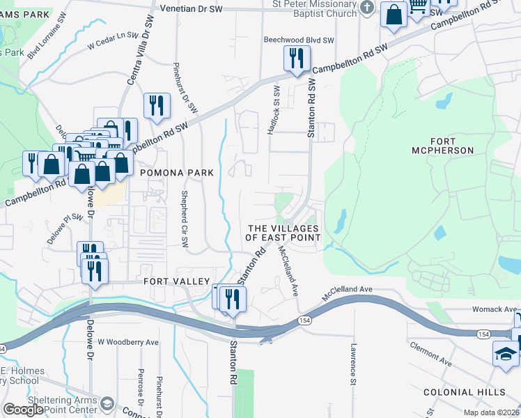 map of restaurants, bars, coffee shops, grocery stores, and more near 1724 Bayrose Circle in East Point