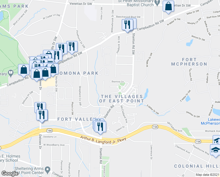 map of restaurants, bars, coffee shops, grocery stores, and more near 1724 Bayrose Circle in East Point