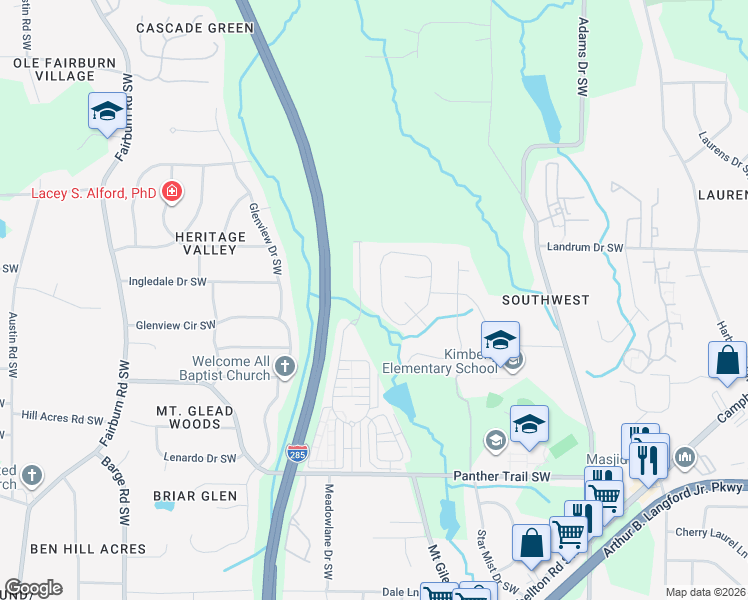 map of restaurants, bars, coffee shops, grocery stores, and more near 3151 Esplanade Circle Southwest in Atlanta