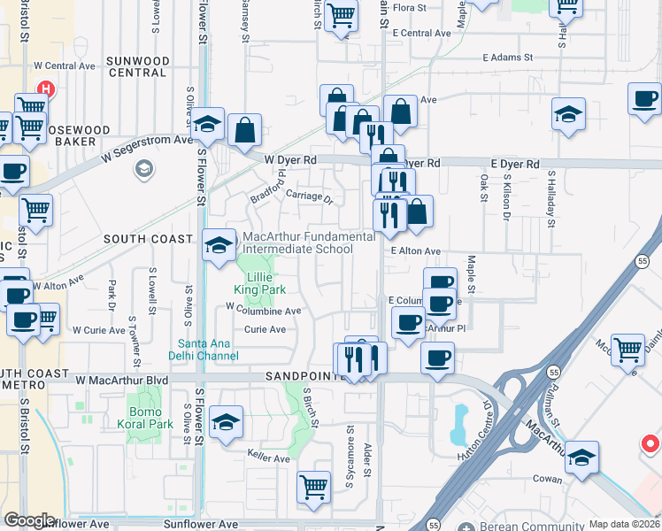 map of restaurants, bars, coffee shops, grocery stores, and more near 202 West Harvey Avenue in Santa Ana