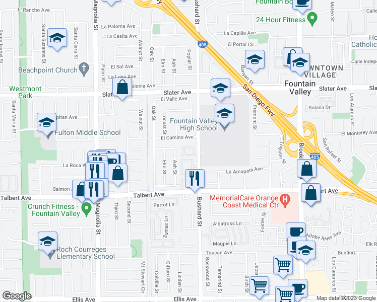 map of restaurants, bars, coffee shops, grocery stores, and more near 9411 Unity Court in Fountain Valley