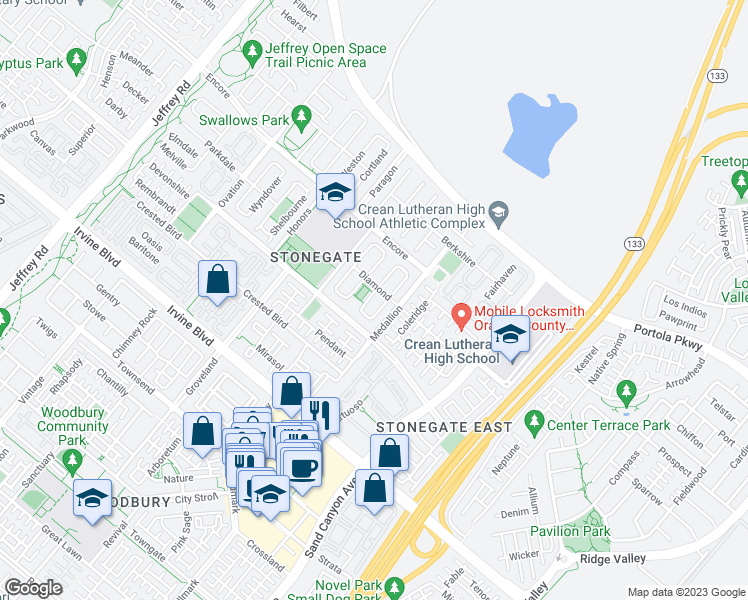 map of restaurants, bars, coffee shops, grocery stores, and more near 50 Lyndhurst in Irvine