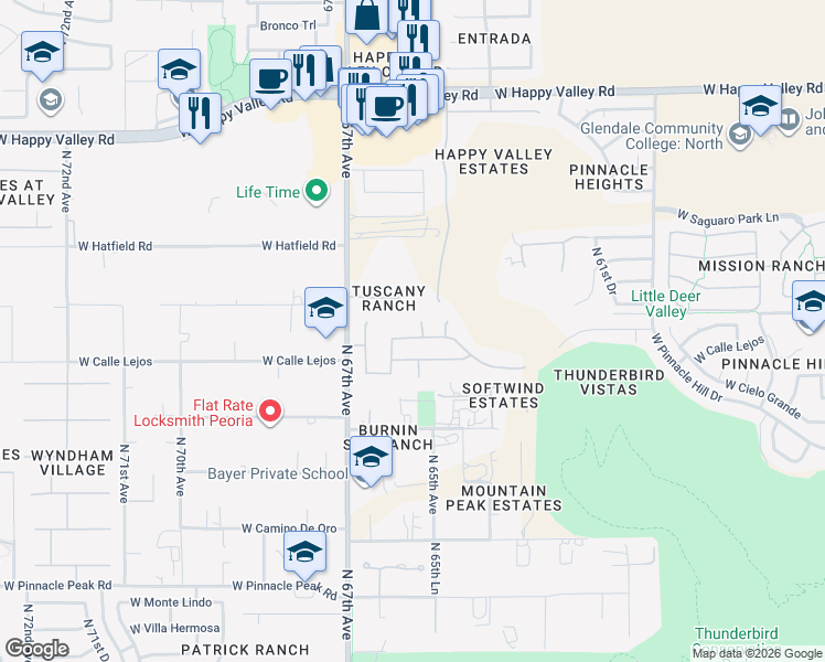 map of restaurants, bars, coffee shops, grocery stores, and more near 24027 North 65th Drive in Glendale