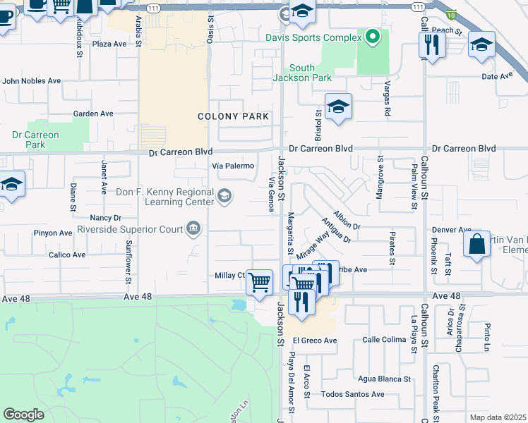 map of restaurants, bars, coffee shops, grocery stores, and more near 82934 Vía Venecia in Indio