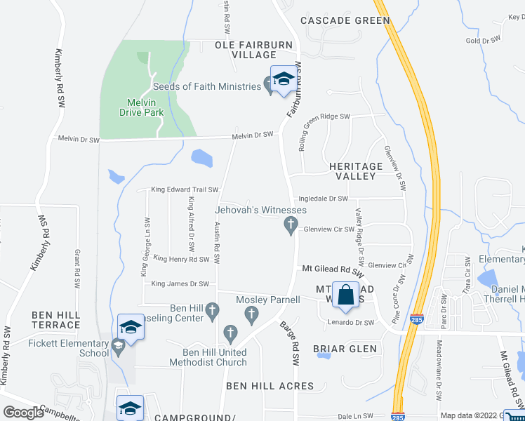 map of restaurants, bars, coffee shops, grocery stores, and more near 3695 Austin Woods Drive Southwest in Atlanta