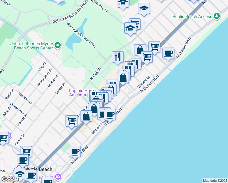 map of restaurants, bars, coffee shops, grocery stores, and more near 2365 North Kings Highway in Myrtle Beach