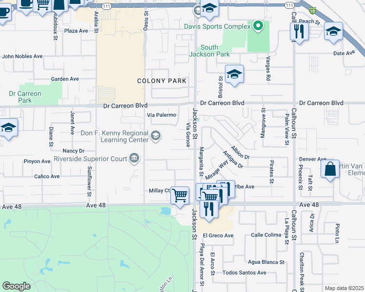 map of restaurants, bars, coffee shops, grocery stores, and more near 82934 Vía Venecia in Indio
