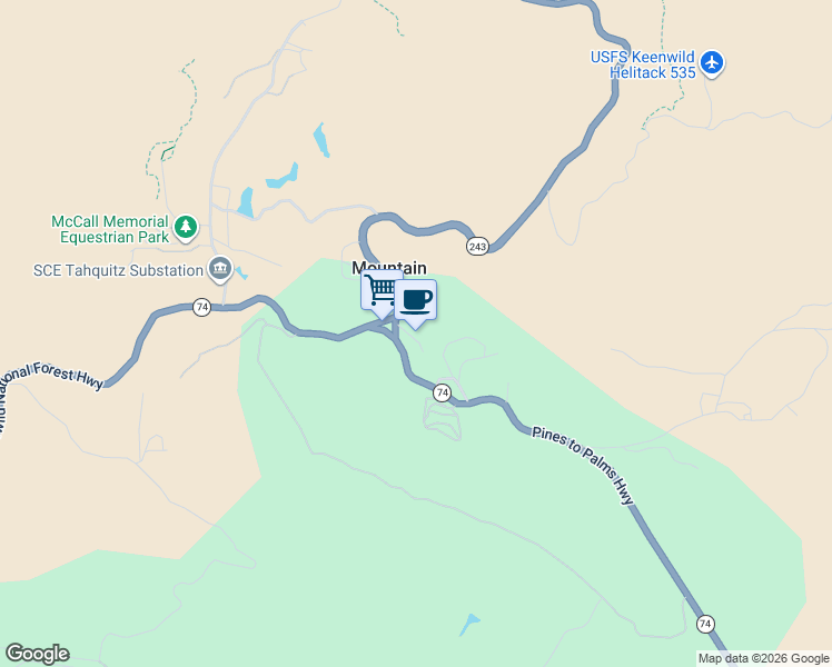 map of restaurants, bars, coffee shops, grocery stores, and more near 29470 California 243 in Mountain Center