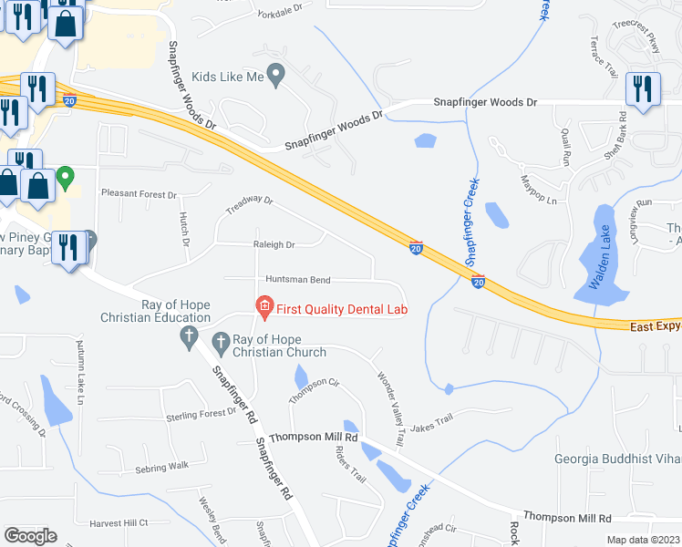 map of restaurants, bars, coffee shops, grocery stores, and more near 4733 Huntsman Bend in Decatur