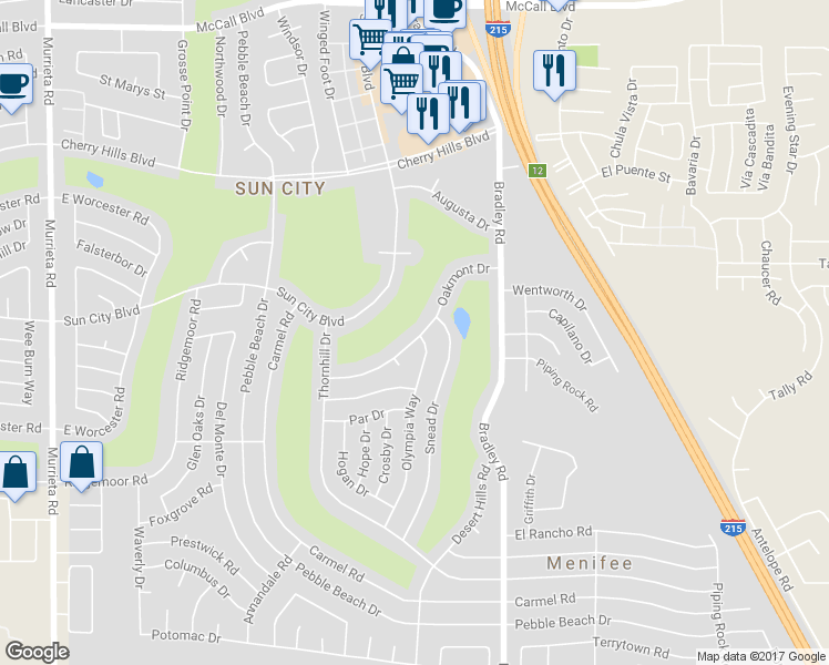 map of restaurants, bars, coffee shops, grocery stores, and more near 26790 Oakmont Drive in Menifee