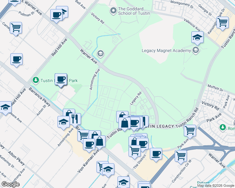 map of restaurants, bars, coffee shops, grocery stores, and more near 16123 Dawn Way in Tustin