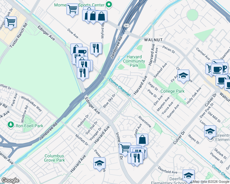 map of restaurants, bars, coffee shops, grocery stores, and more near 99 Liberty Street in Tustin