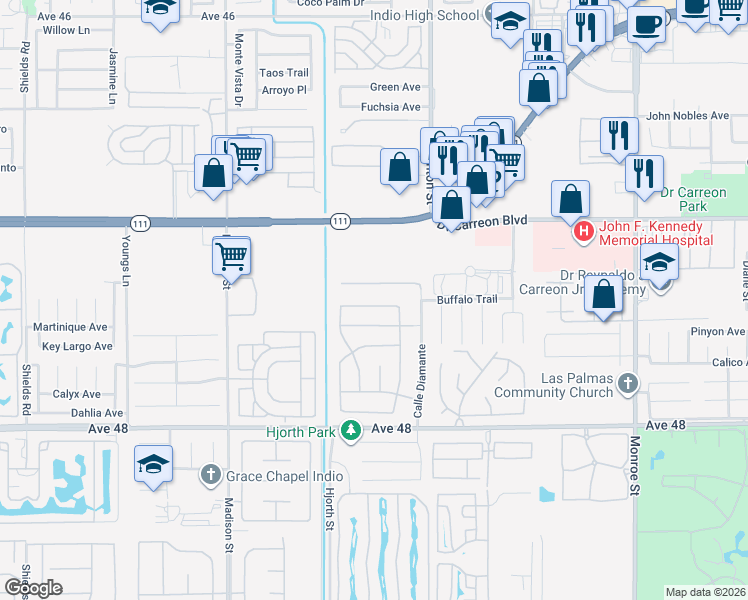 map of restaurants, bars, coffee shops, grocery stores, and more near 81358 Avenida Blanca in Indio