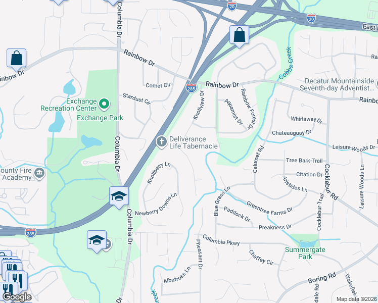 map of restaurants, bars, coffee shops, grocery stores, and more near 3529 Knollview Court in Decatur