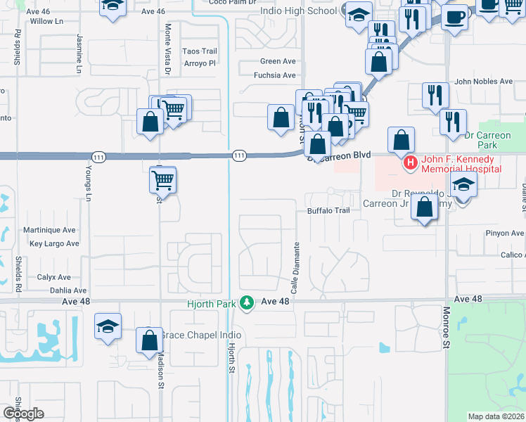 map of restaurants, bars, coffee shops, grocery stores, and more near 81358 Avenida Blanca in Indio