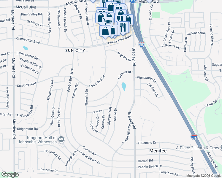 map of restaurants, bars, coffee shops, grocery stores, and more near 26790 Oakmont Drive in Menifee